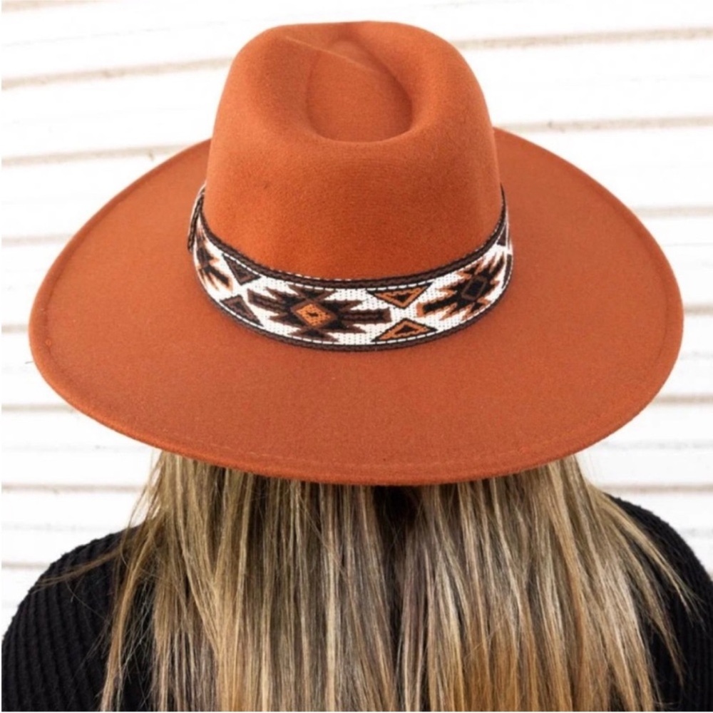 Rust Fedora style Hat Southwestern Patterned Band Stagecoach Wide Brim - Picture 3 of 8